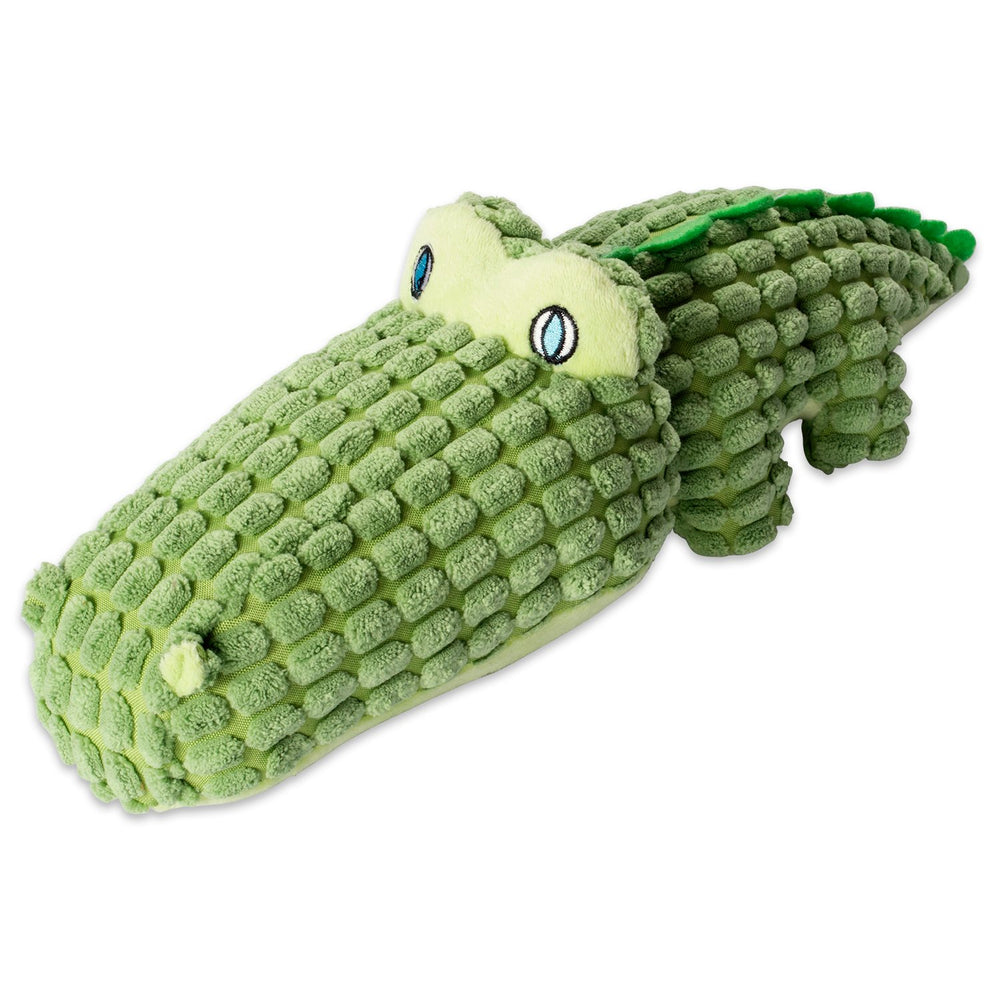 Bone Dry Sam Alligator plush toy side view demonstrates soft fabric for cozy fetch sessions.
