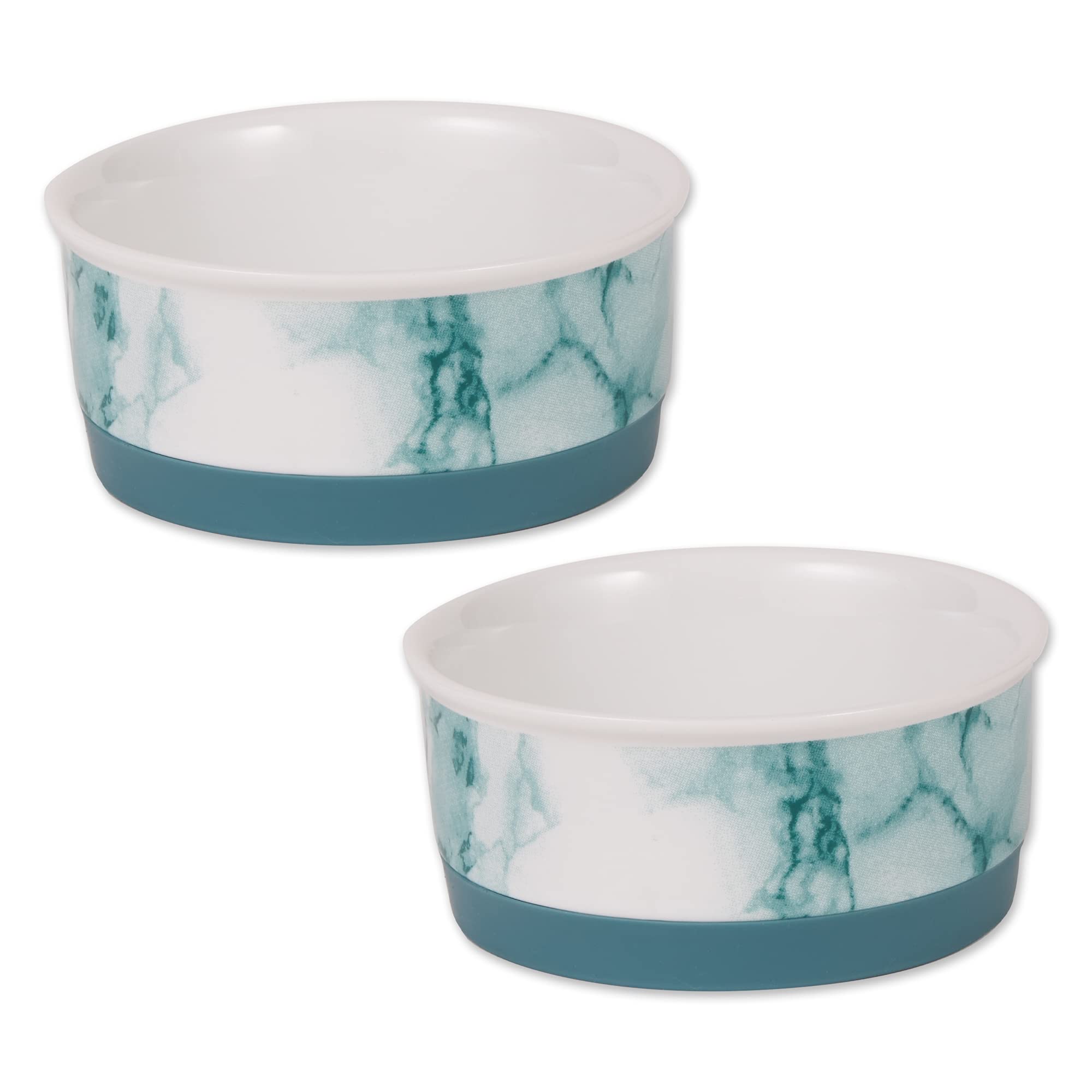 Bone Dry teal ceramic marble pet bowls for easy cleaning and daily feeding.