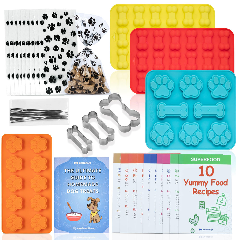 BoneItUp dog treat making kit with silicone molds ready for quick, homemade dog treats.