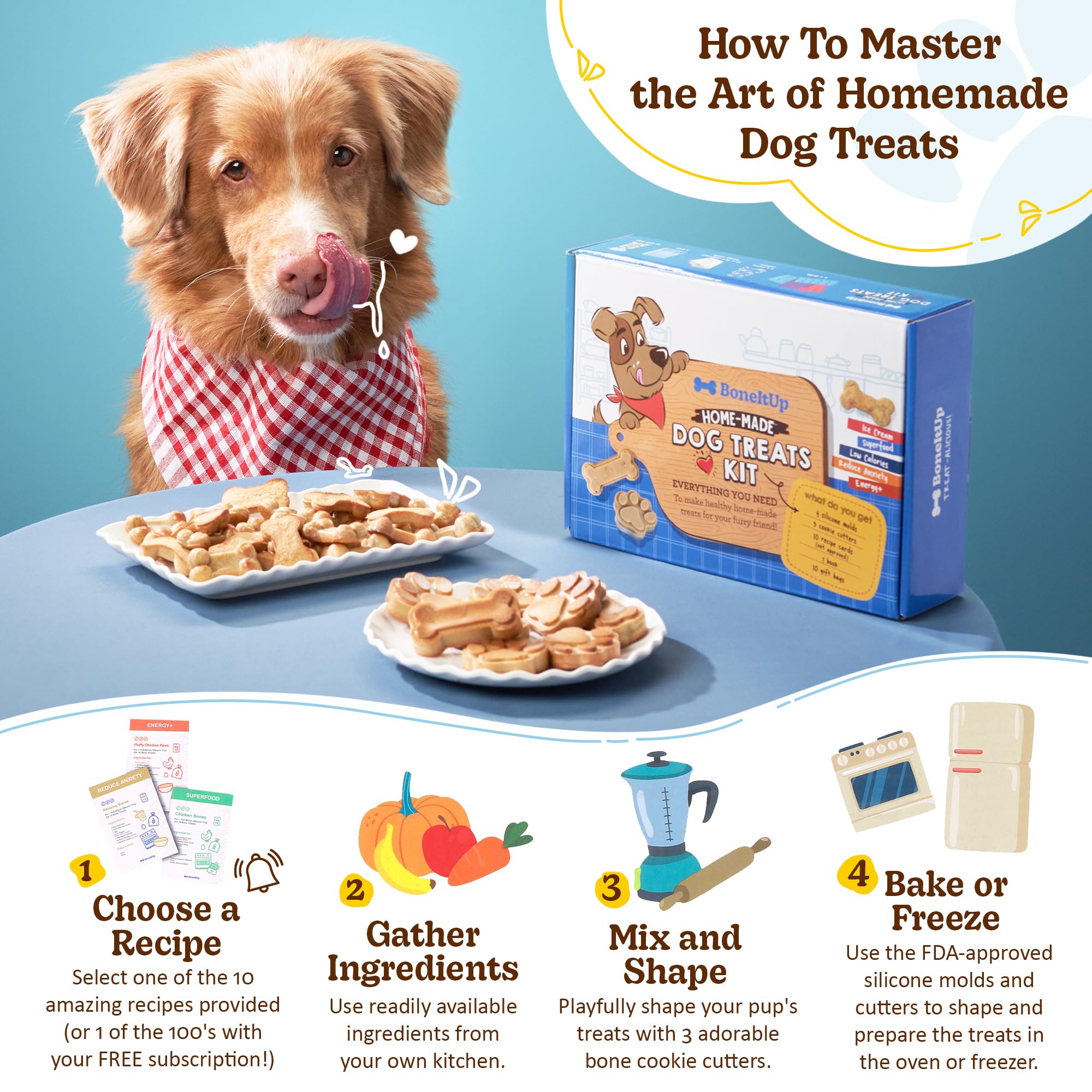 BoneItUp easy-home-baking image demonstrates simple steps for tasty, preservative-free treats.