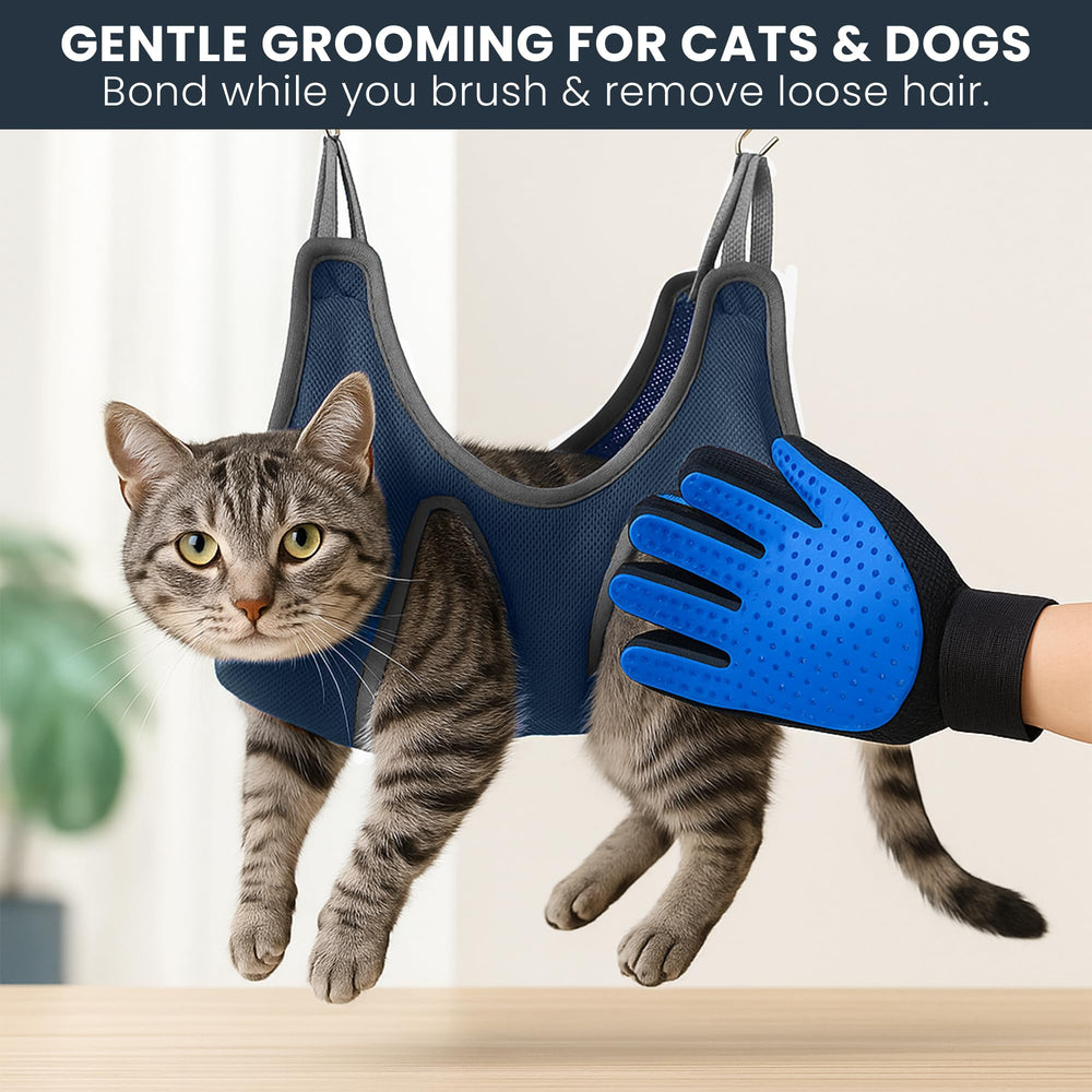 Bones and More Grooming Hammock Kit grooming glove for loose hair removal and bonding.