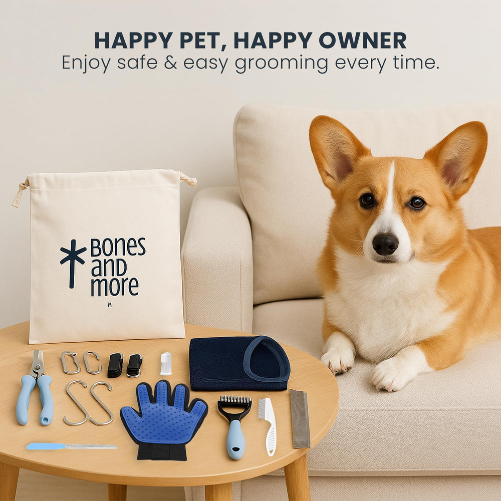 Bones and More Grooming Hammock Kit S-hooks, carabiners, and storage bag for organized grooming.