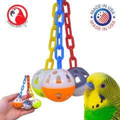 Bonka Ball Clanger 8-inch height fits compact cages, offering space-saving enrichment for small birds