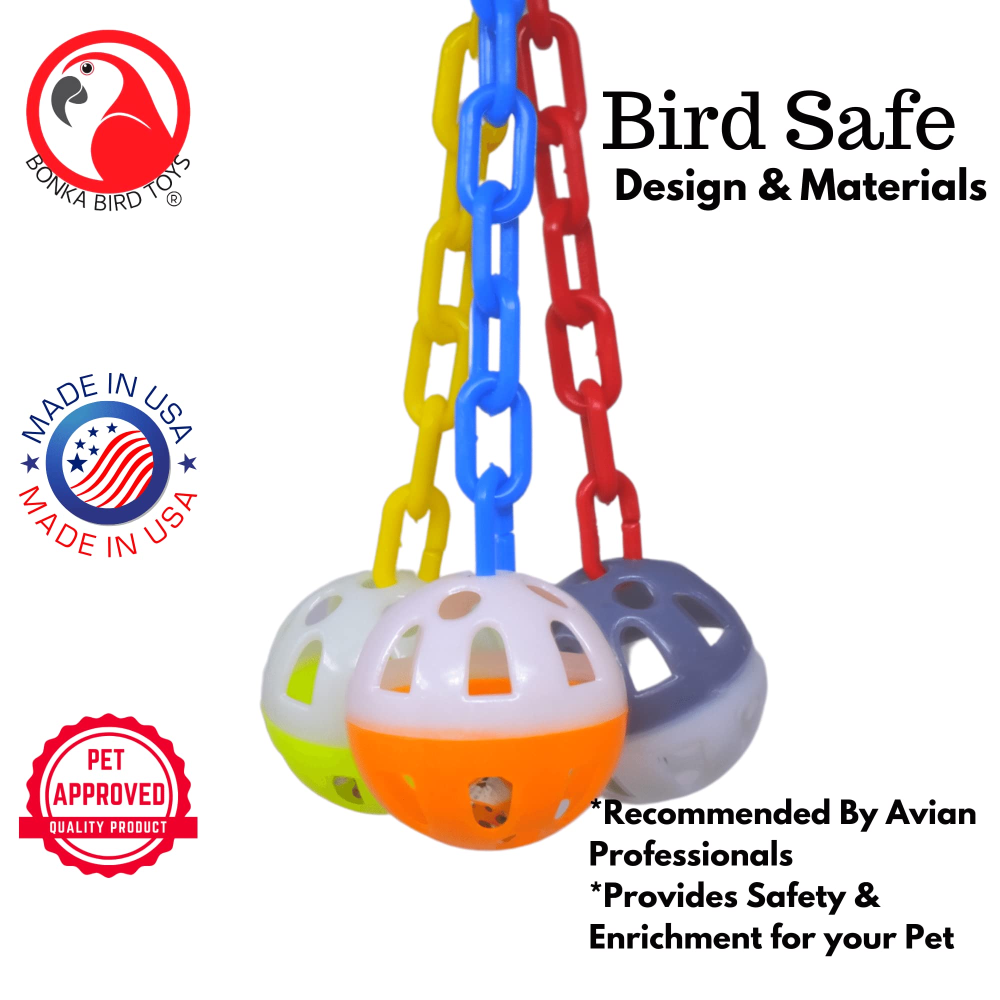 Bonka Ball Clanger with quick-link attachment for easy cage hanging
