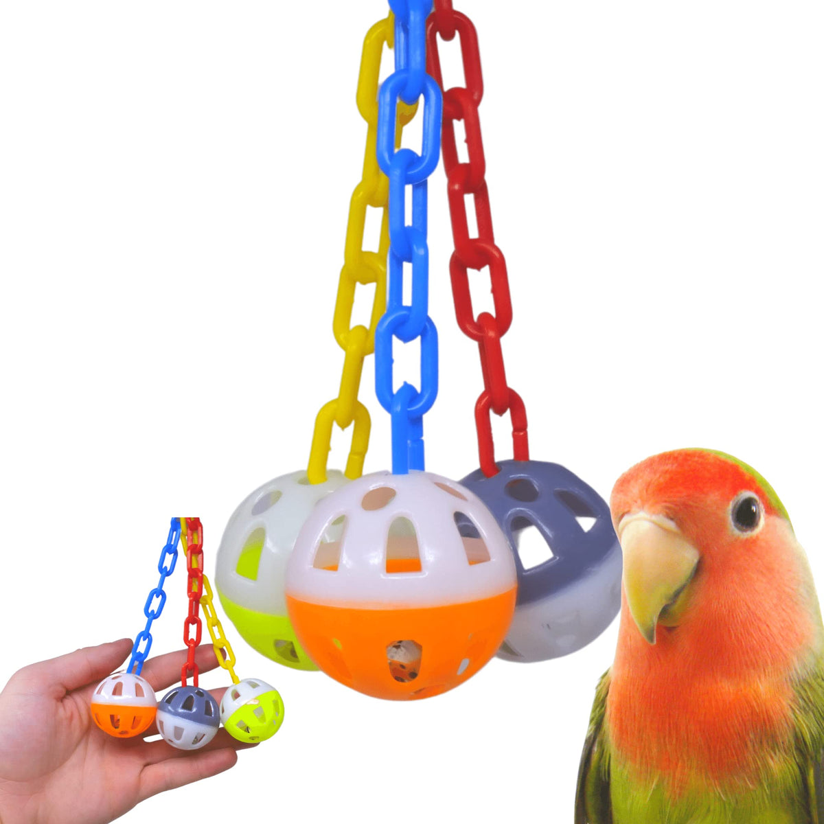 Bonka Ball Clanger three colorful rattle balls entice small birds for engaging playtime