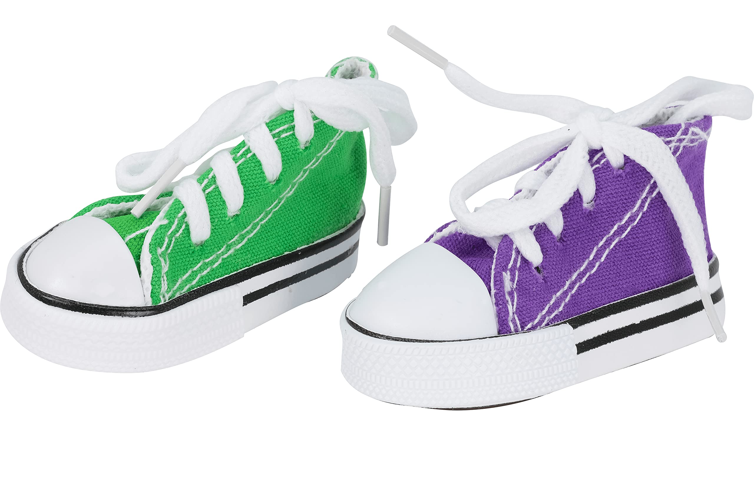 Bonka Bird Toys mini sneakers hanging on cage demonstrates versatile setup for play.