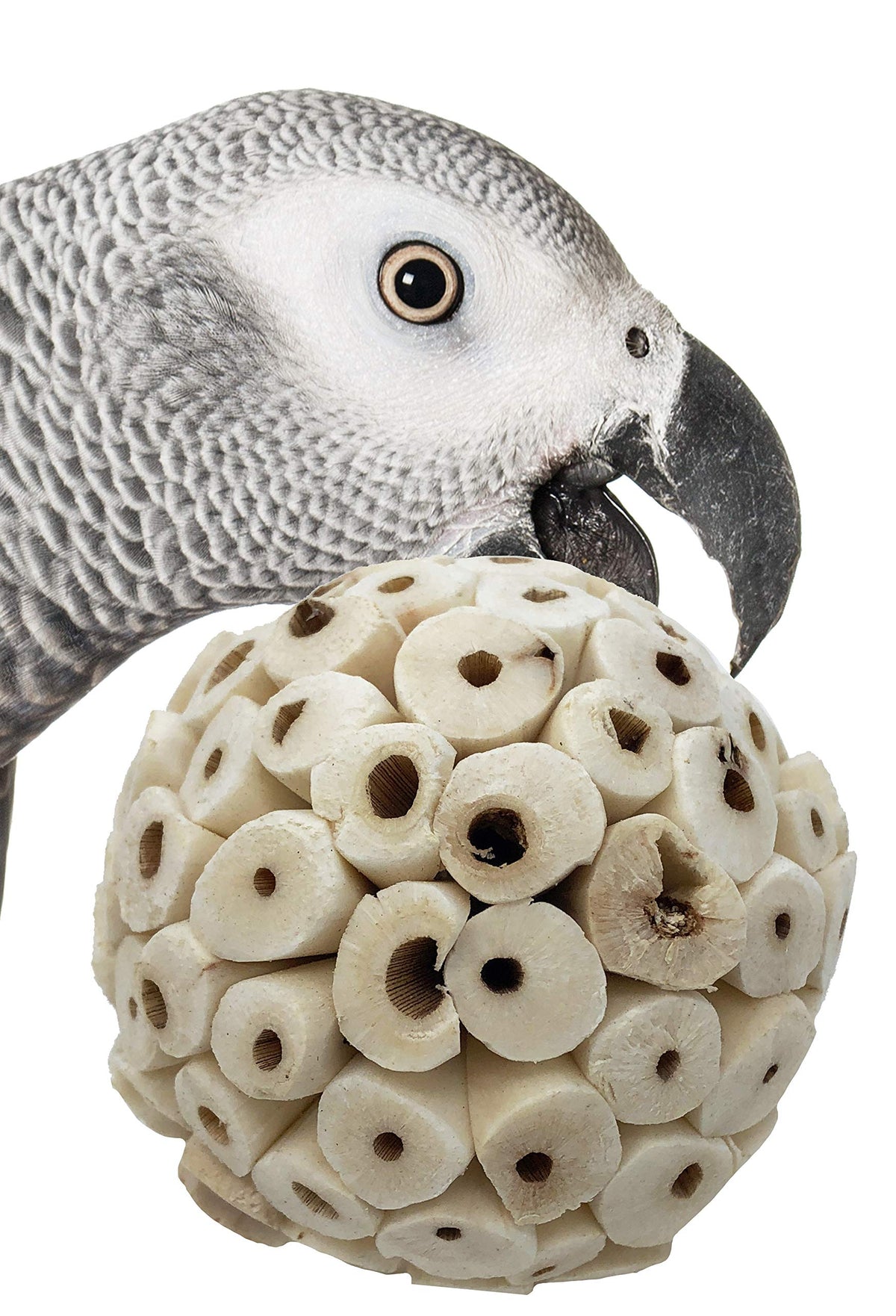 Bonka Sola Atta Ball pack3 closeup—natural bird chew toy for enrichment.