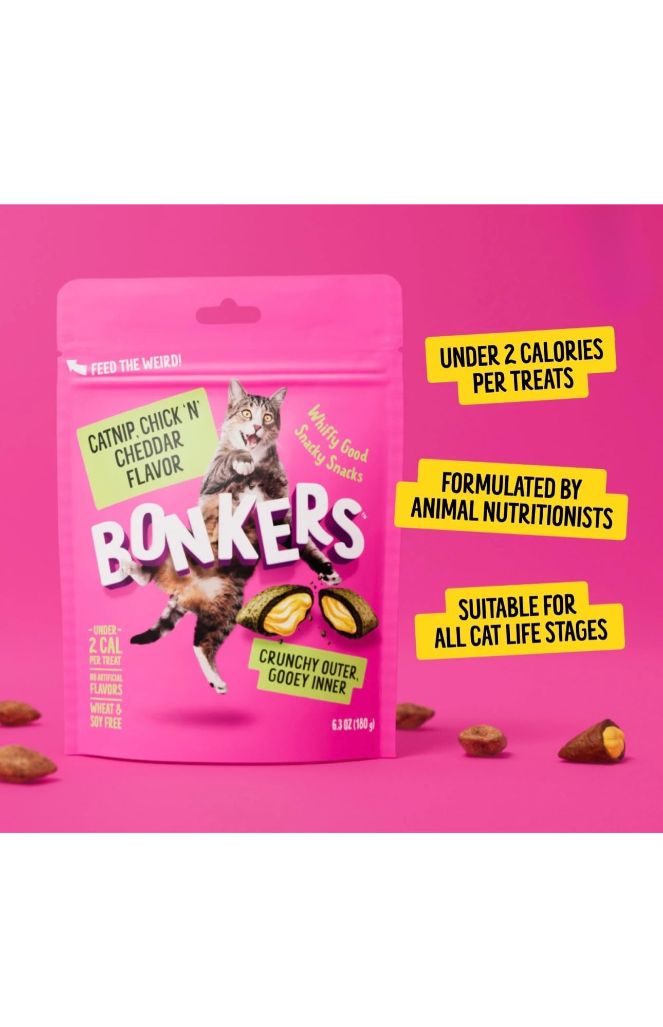 Bonkers Cat Treats Chicken Cheddar morsel highlights real chicken and cheese flavor.