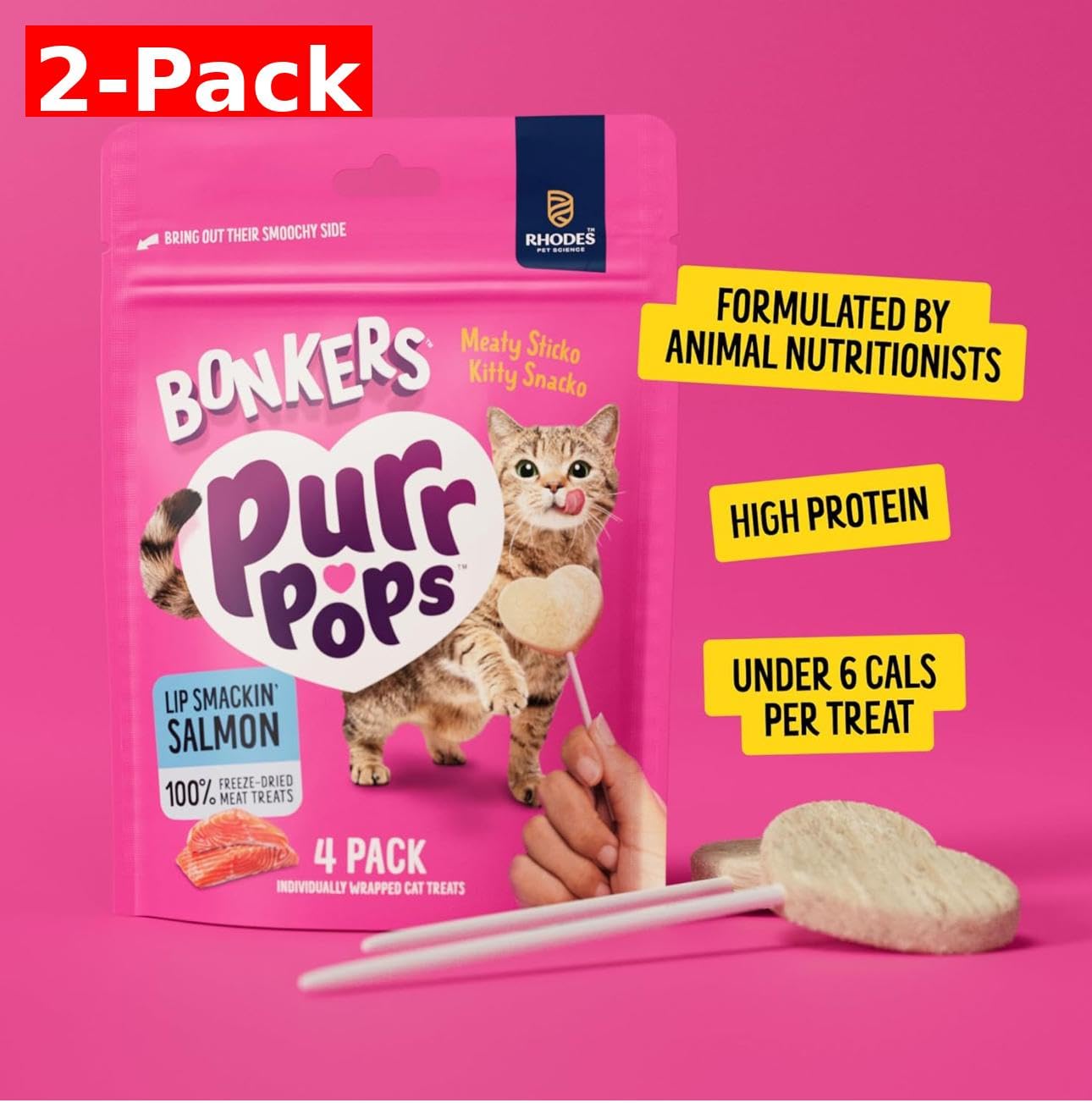 Bonkers Purrpops salmon lollipop closeup with freeze-dried salmon texture