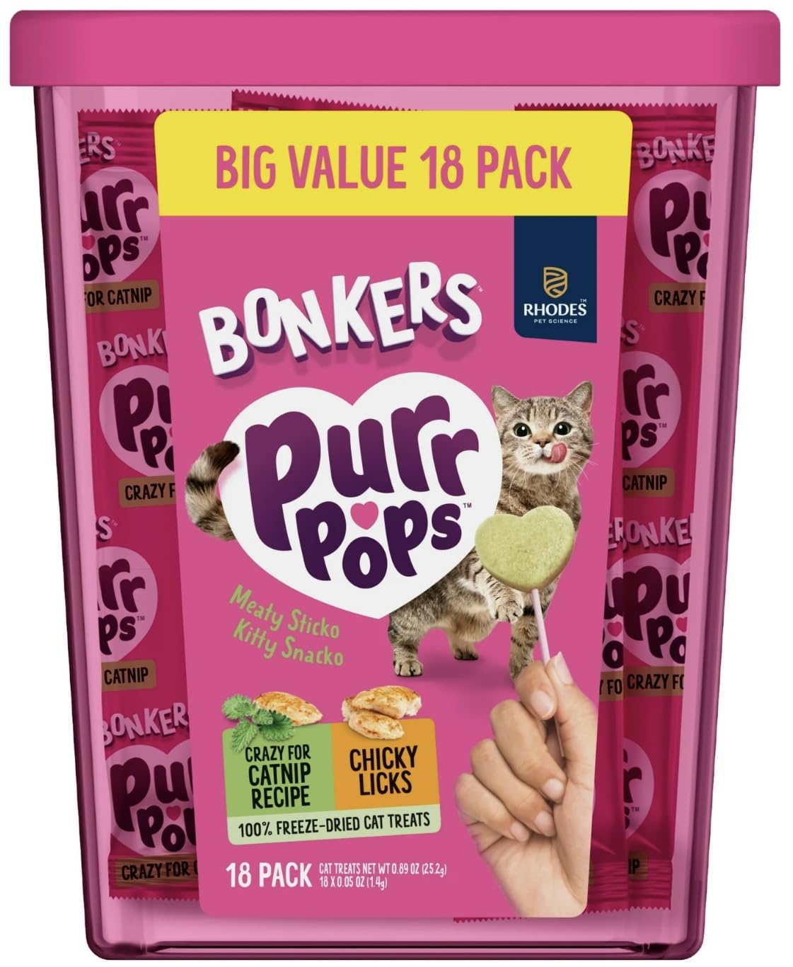 Bonkers Purrpops value-pack box shows 18 freeze-dried treats for easy rewards