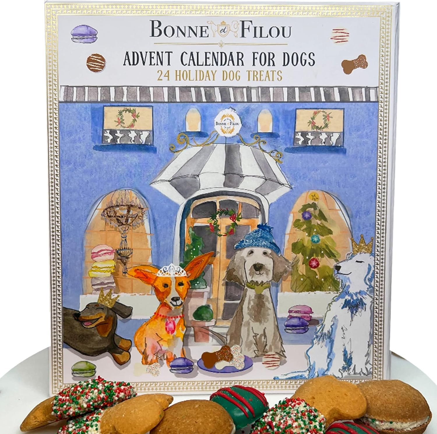 Bonne et Filou 2025 Advent Calendar box front, a festive gift idea for dogs.
