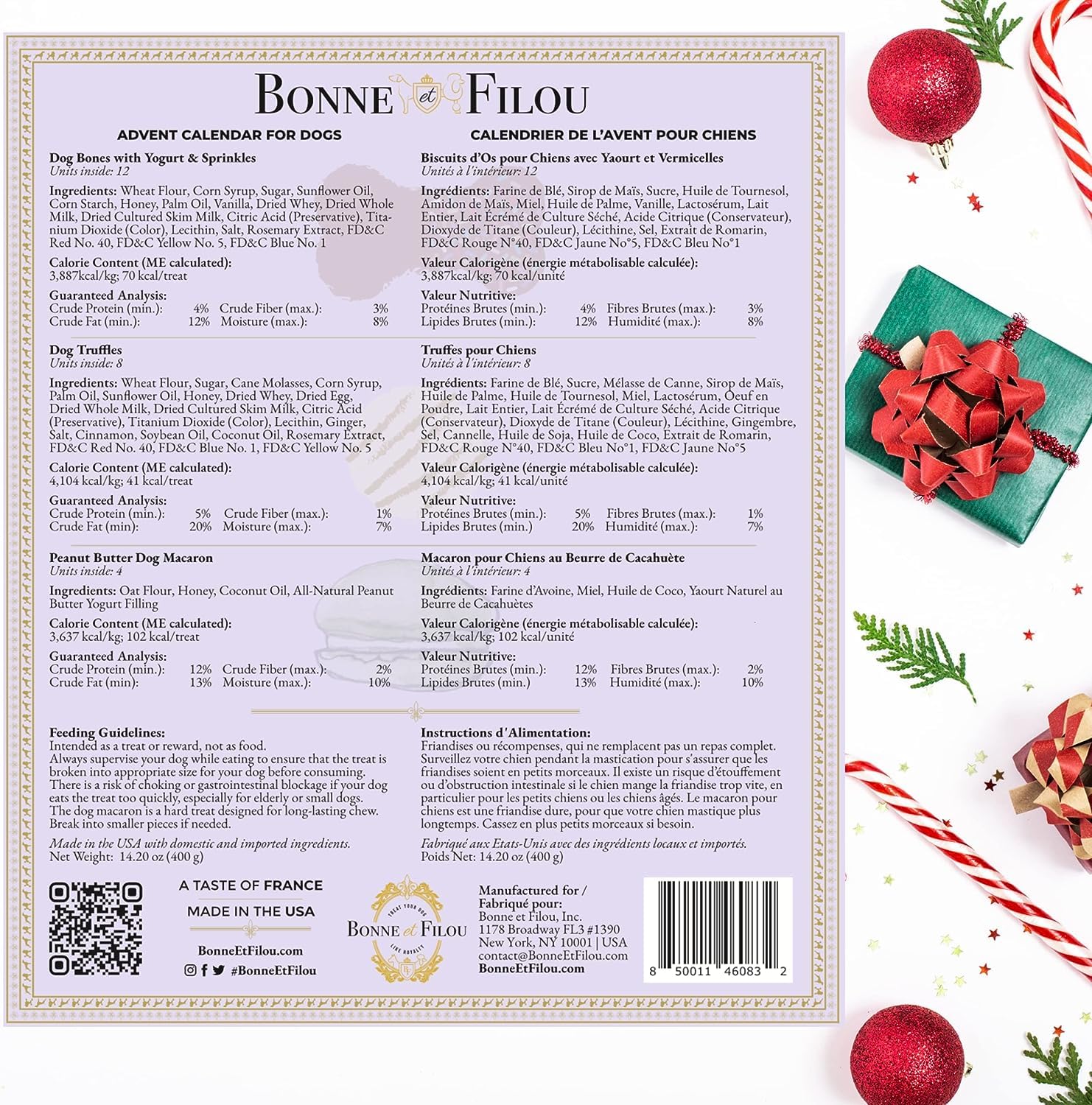 Bonne et Filou 2025 Advent Calendar macarons closeup, gourmet flavors for special canine moments.