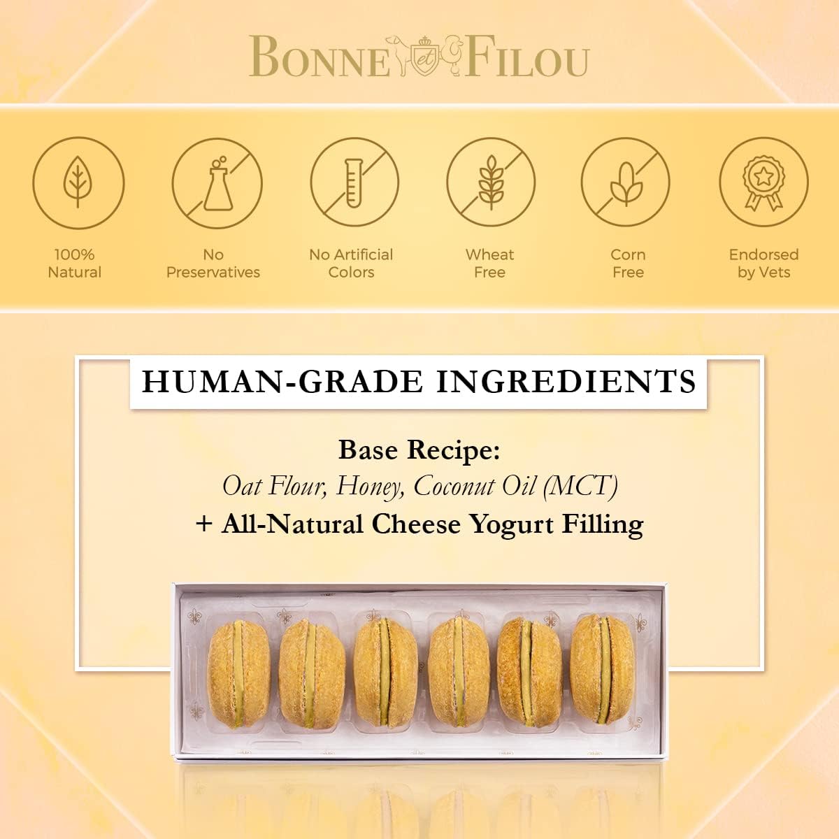 Bonne et Filou cheese macarons closeup, savory gourmet treats your dog may love.