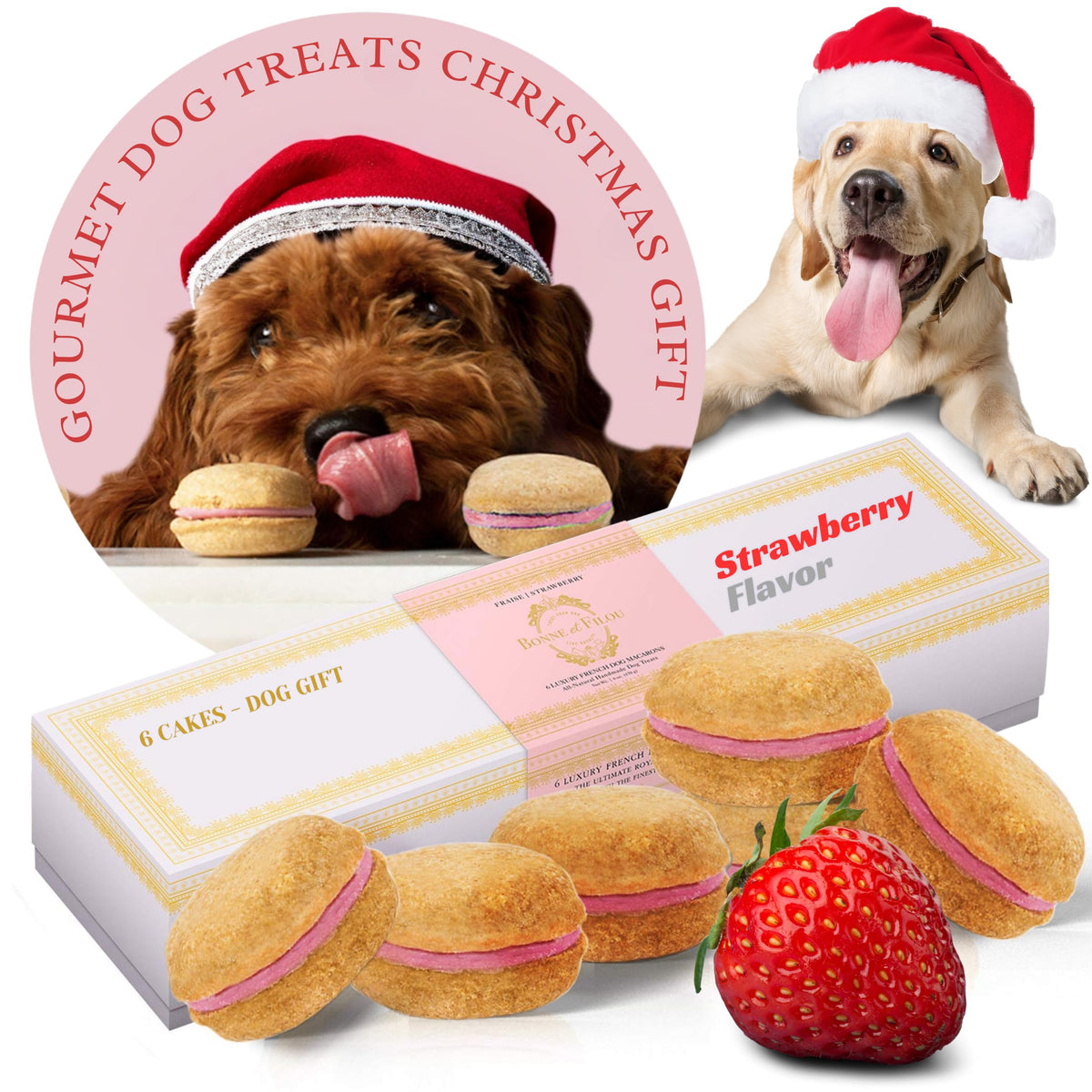 Bonne et Filou Christmas strawberry cupcakes dog treats in gift-ready box for special occasions.