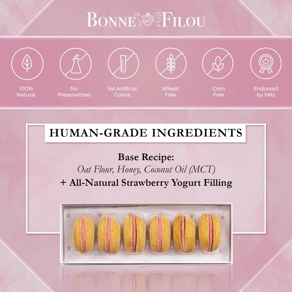 Bonne et Filou strawberry macarons appealing to medium and large dogs during celebrations.