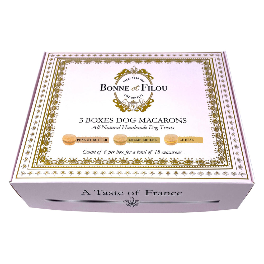 Bonne et Filou dog macarons flavors mix (peanut butter, creme brulee, cheese)