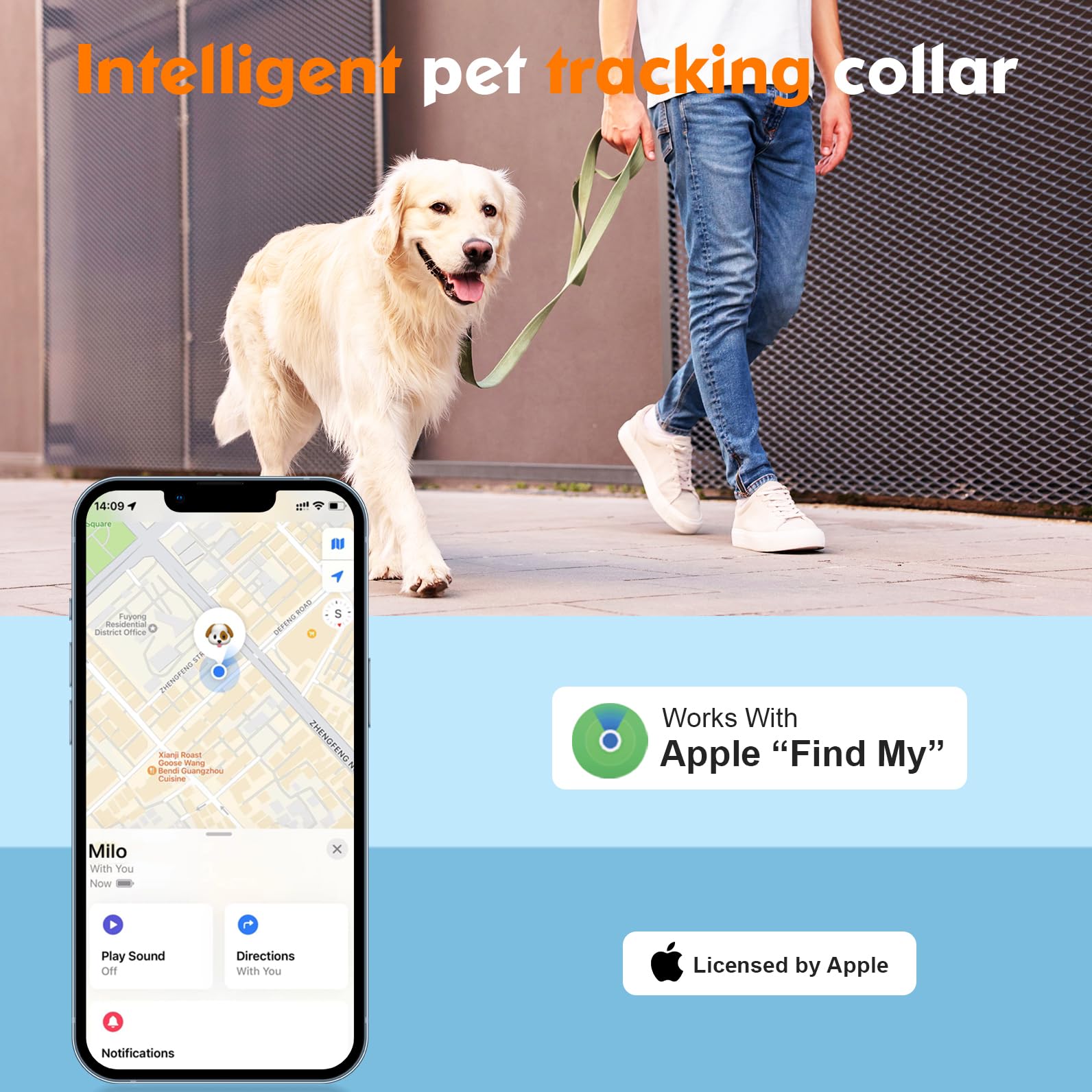 BONSO dog collar demonstrating iOS Find My integration for free tracking.
