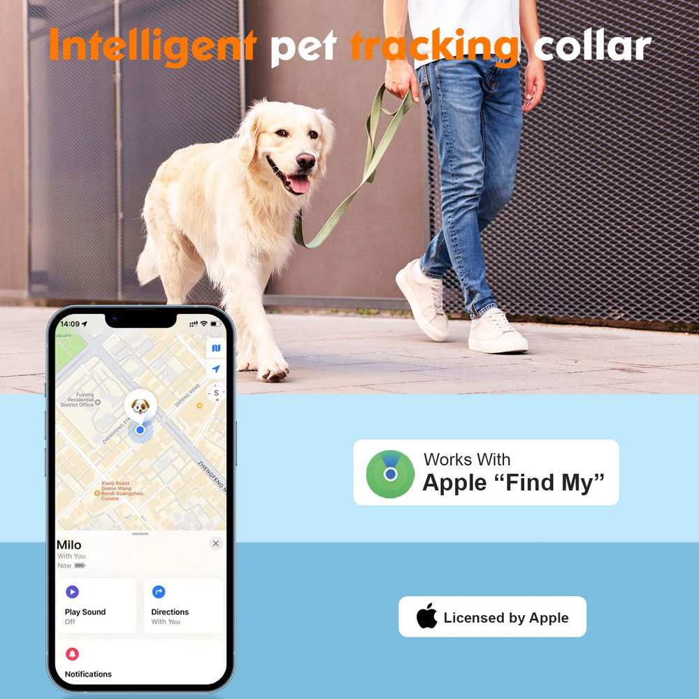 BONSO dog collar demonstrating iOS Find My integration for free tracking.