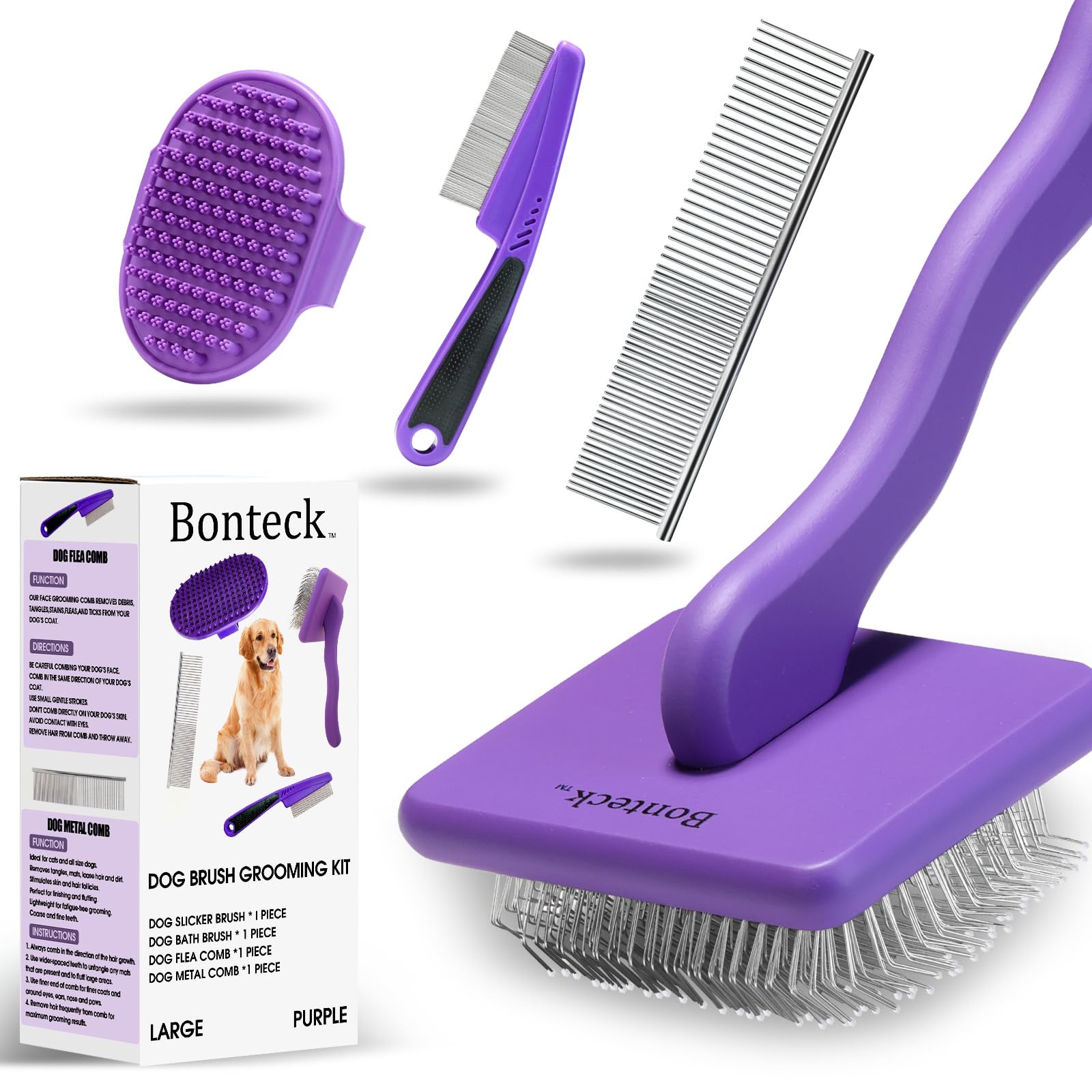 Bonteck dog slicker brush purple long-pin, designed for efficient detangling in large breeds.