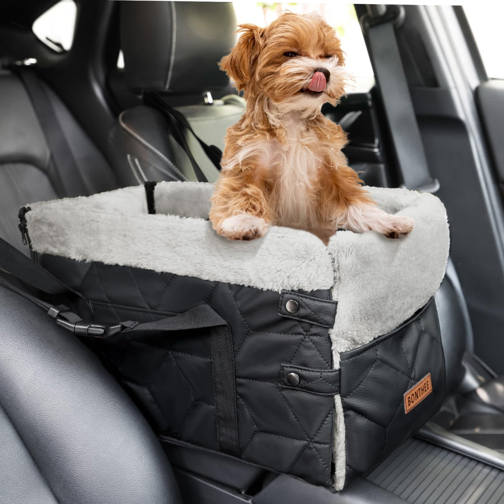 BONTHEE center-console dog car seat securely mounts in the car console for stable, comfortable travel.