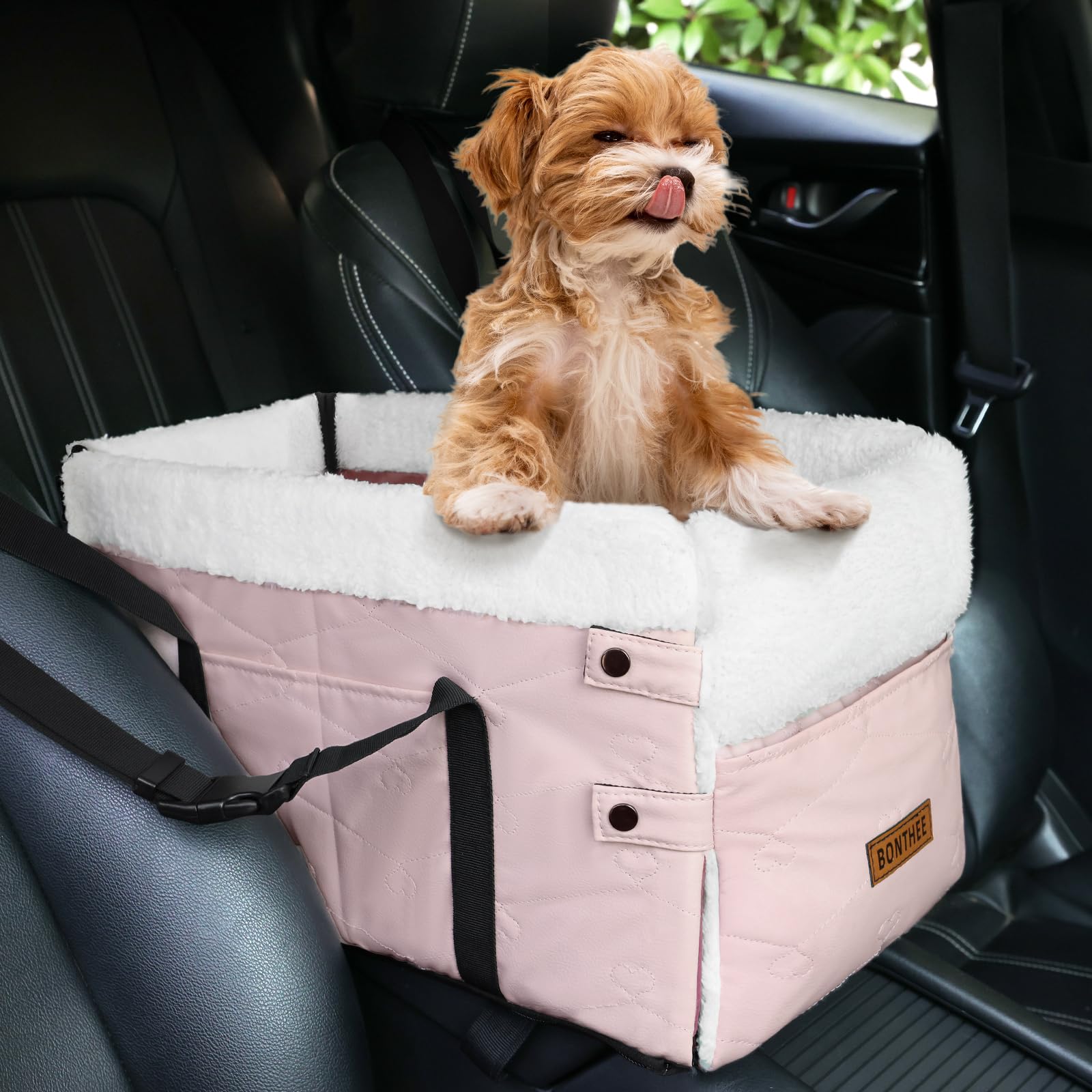 BONTHEE center-console dog seat pink view shows compact booster for small dogs during car trips