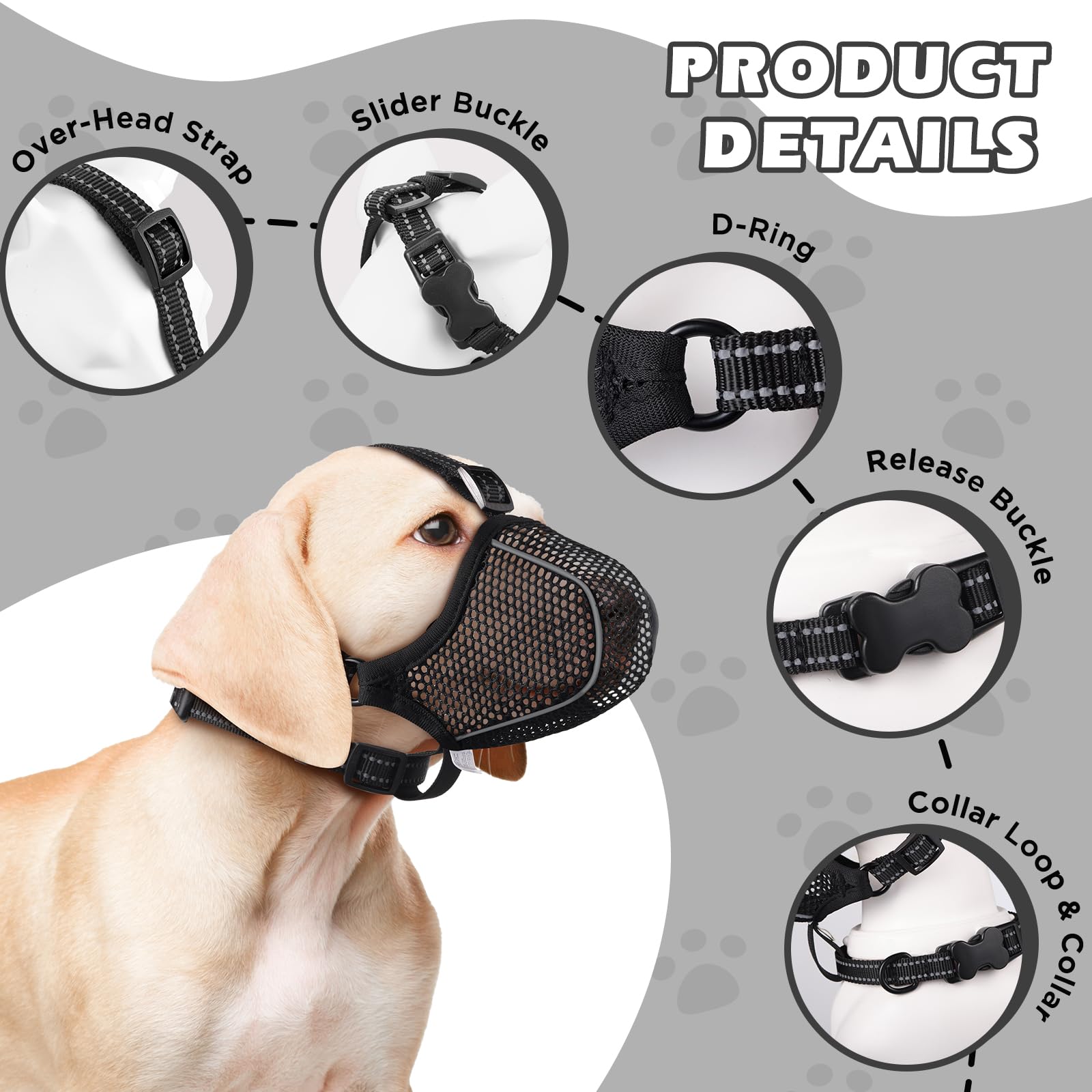 Bonthee dog muzzle adjustable head strap for secure fit during grooming.