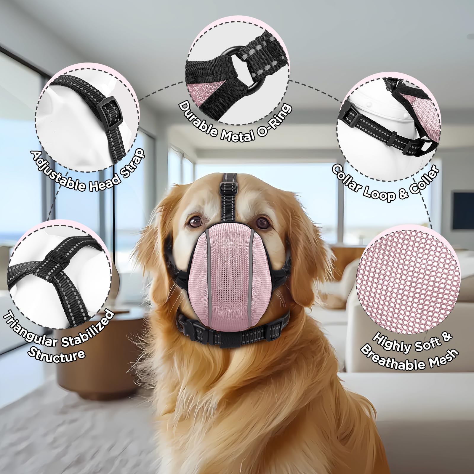 BONTHEE dog muzzle adjustable-strap pink side view demonstrates secure fit during walks