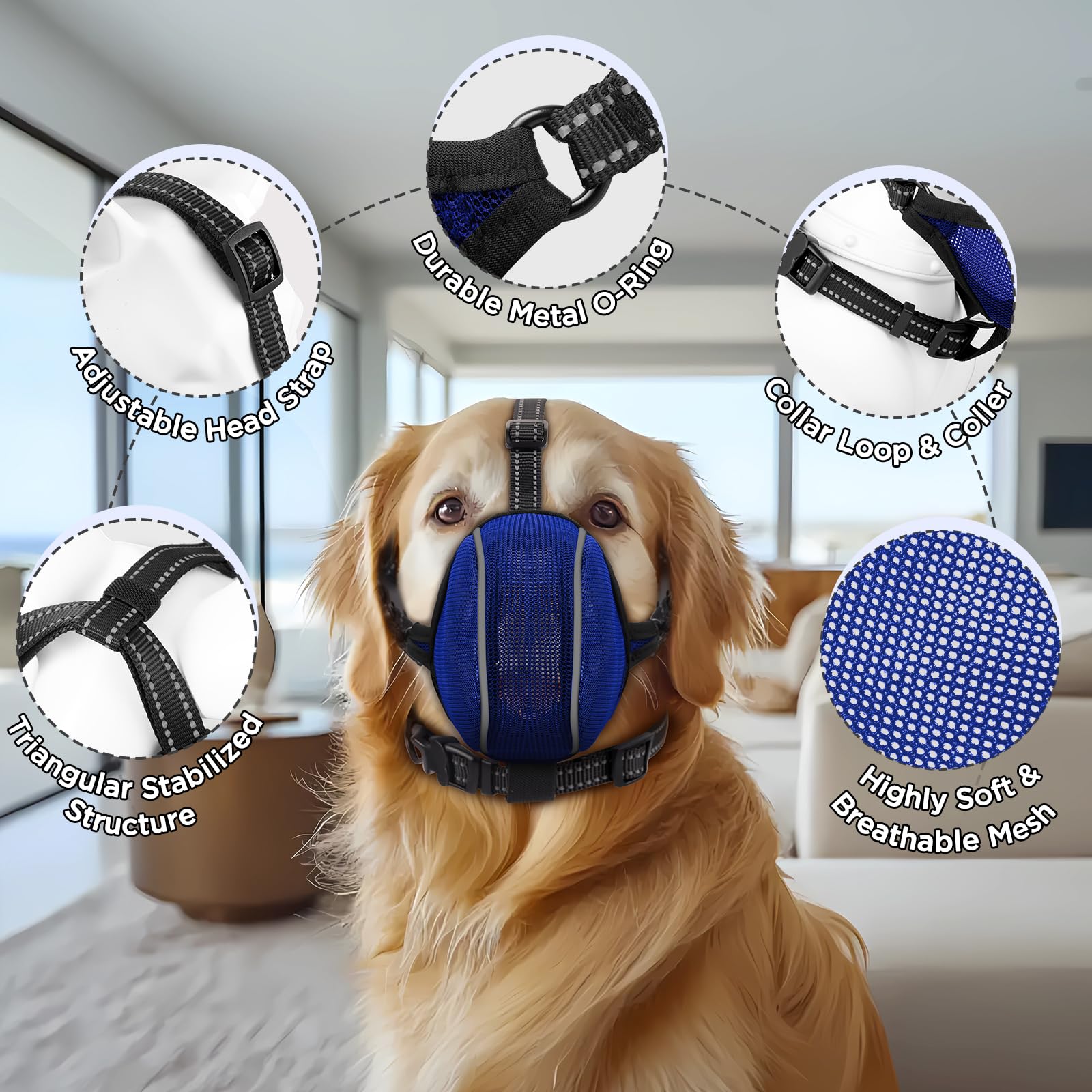 BONTHEE blue XXL muzzle shows secure adjustable strap for reliable fit.