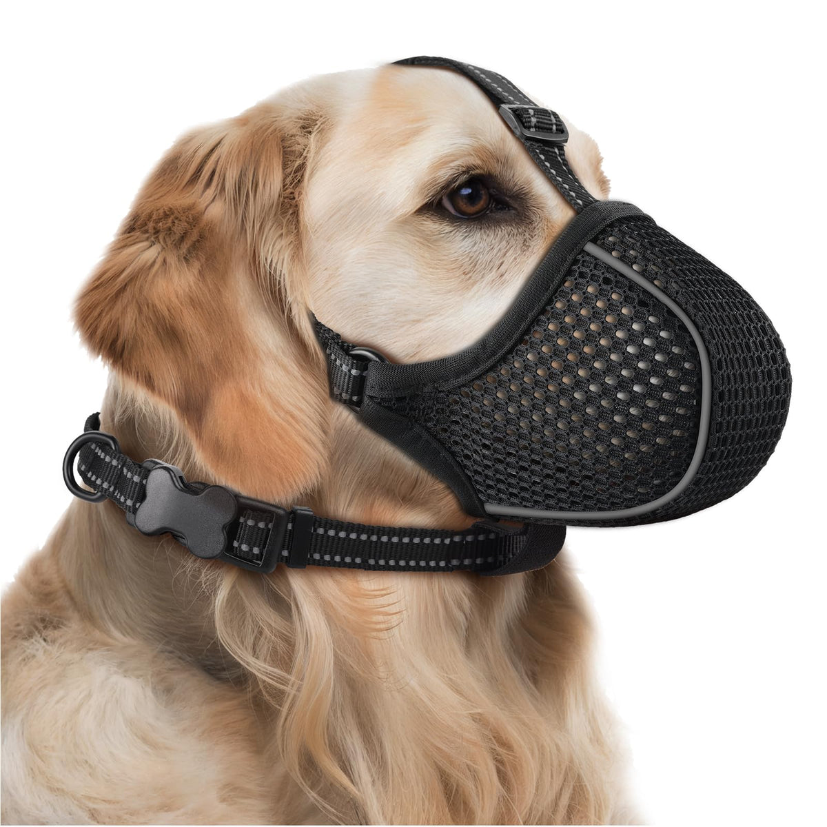 BONTHEE dog muzzle with soft nylon breathable mesh for comfortable panting during walks.
