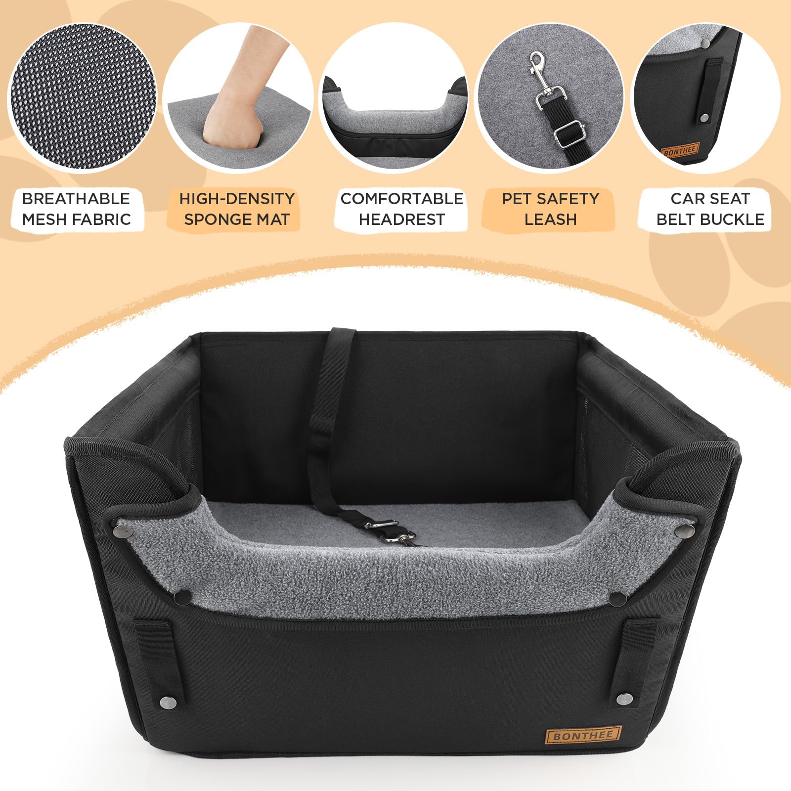 Bonthee pet safety leash buckle emphasizes secure harness attachment for peace of mind.