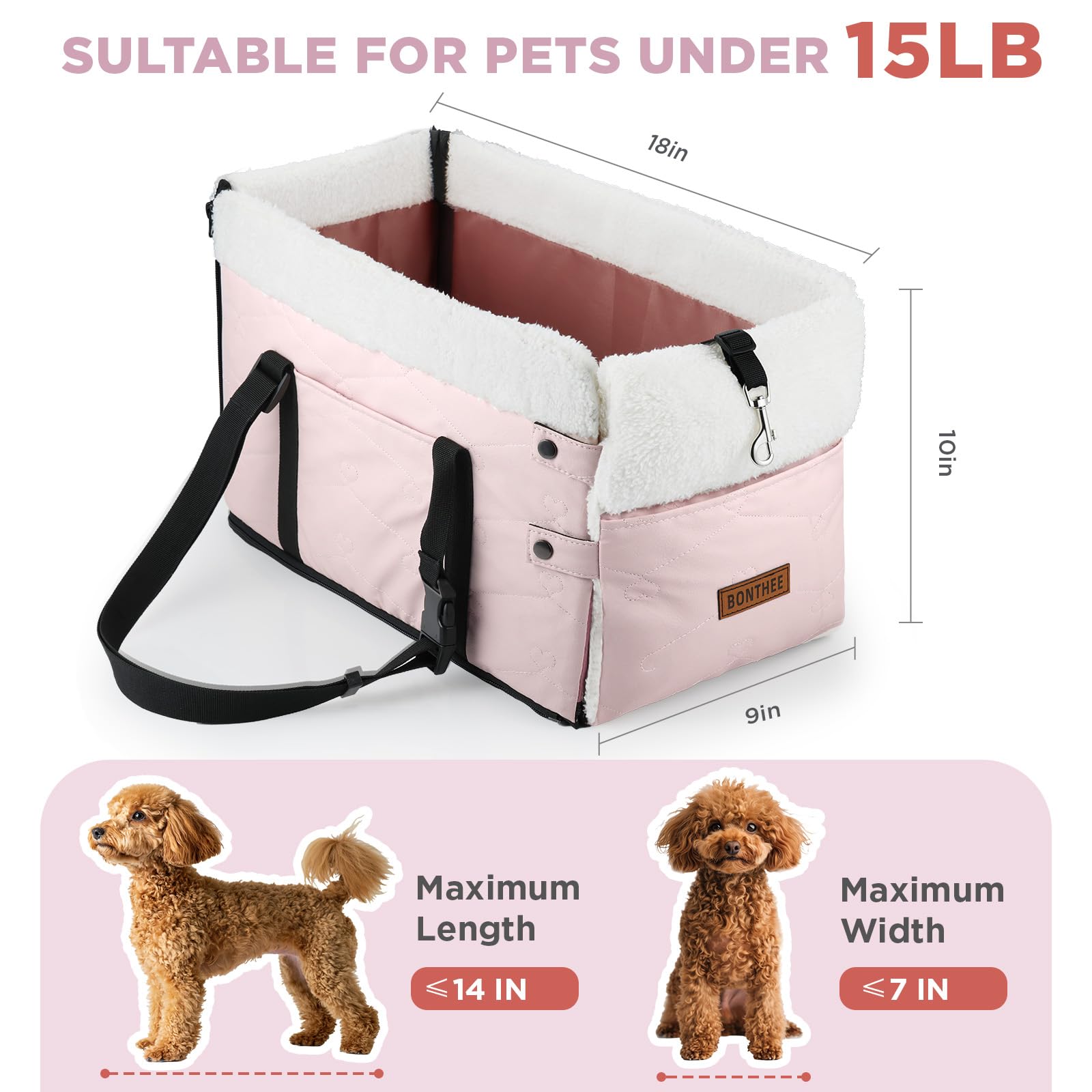 BONTHEE PU leather dog car seat closeup highlights wipe-clean surface for quick spills