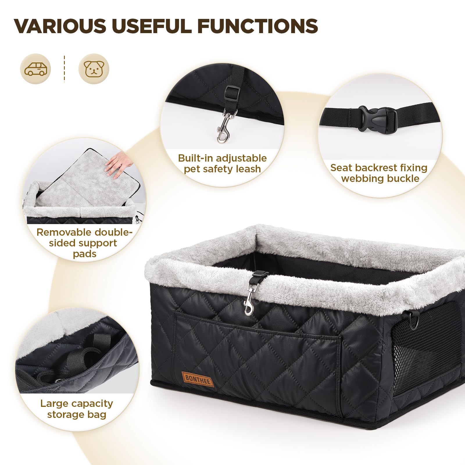 BONTHEE Upgrade Dog Booster Seat headrest installation depicts quick setup