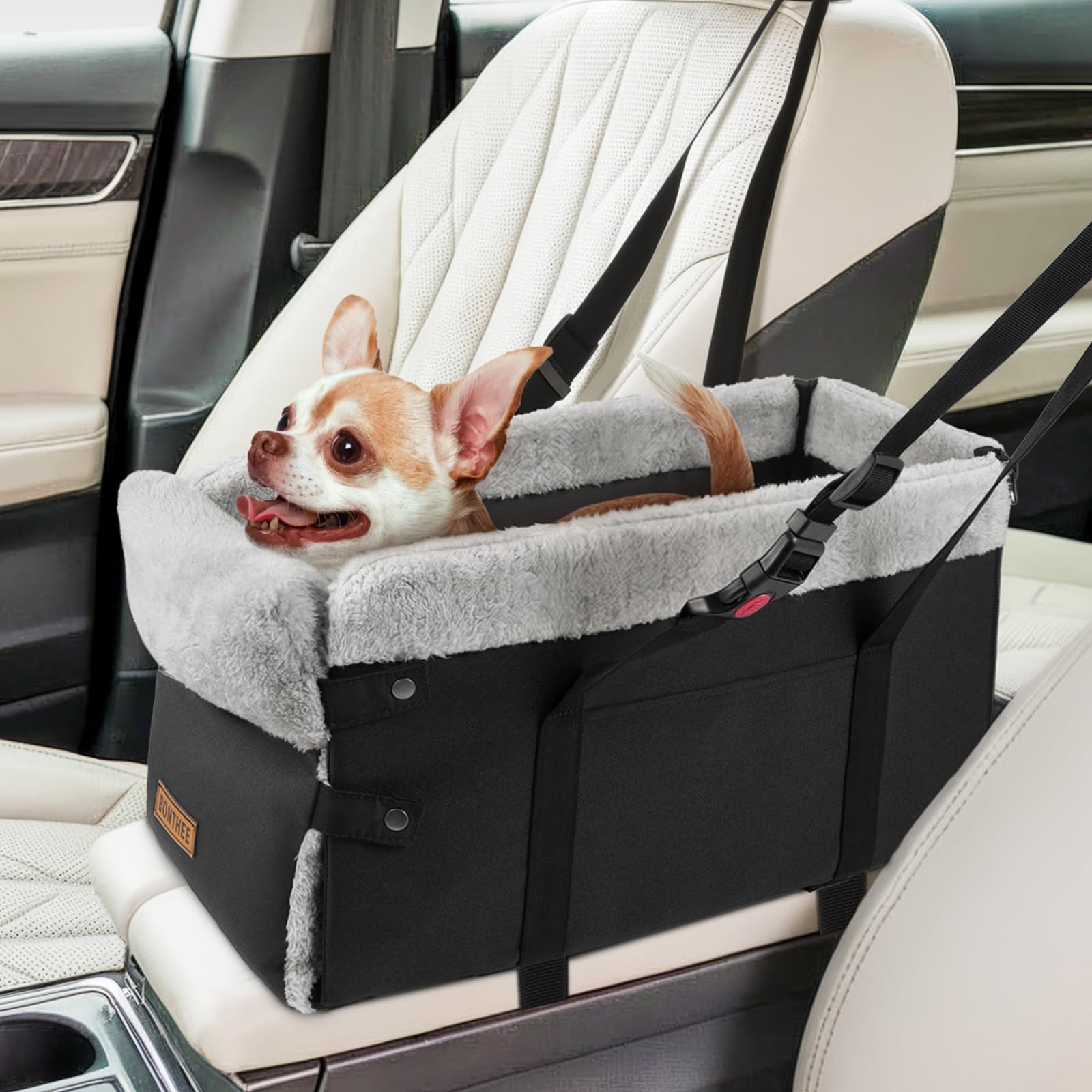 BONTHEE upgraded zipper center-console dog car seat showing secure travel setup.