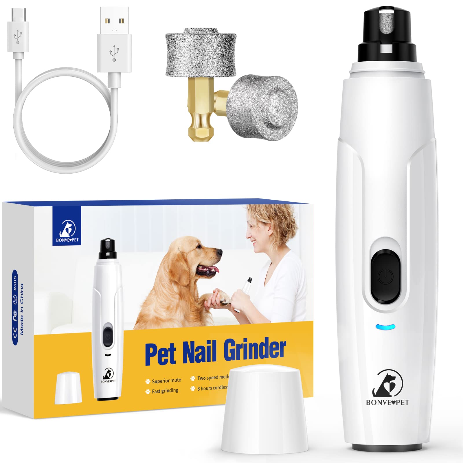Bonve Pet Nail Grinder front view, whisper-quiet operation for stress-free nail trimming.
