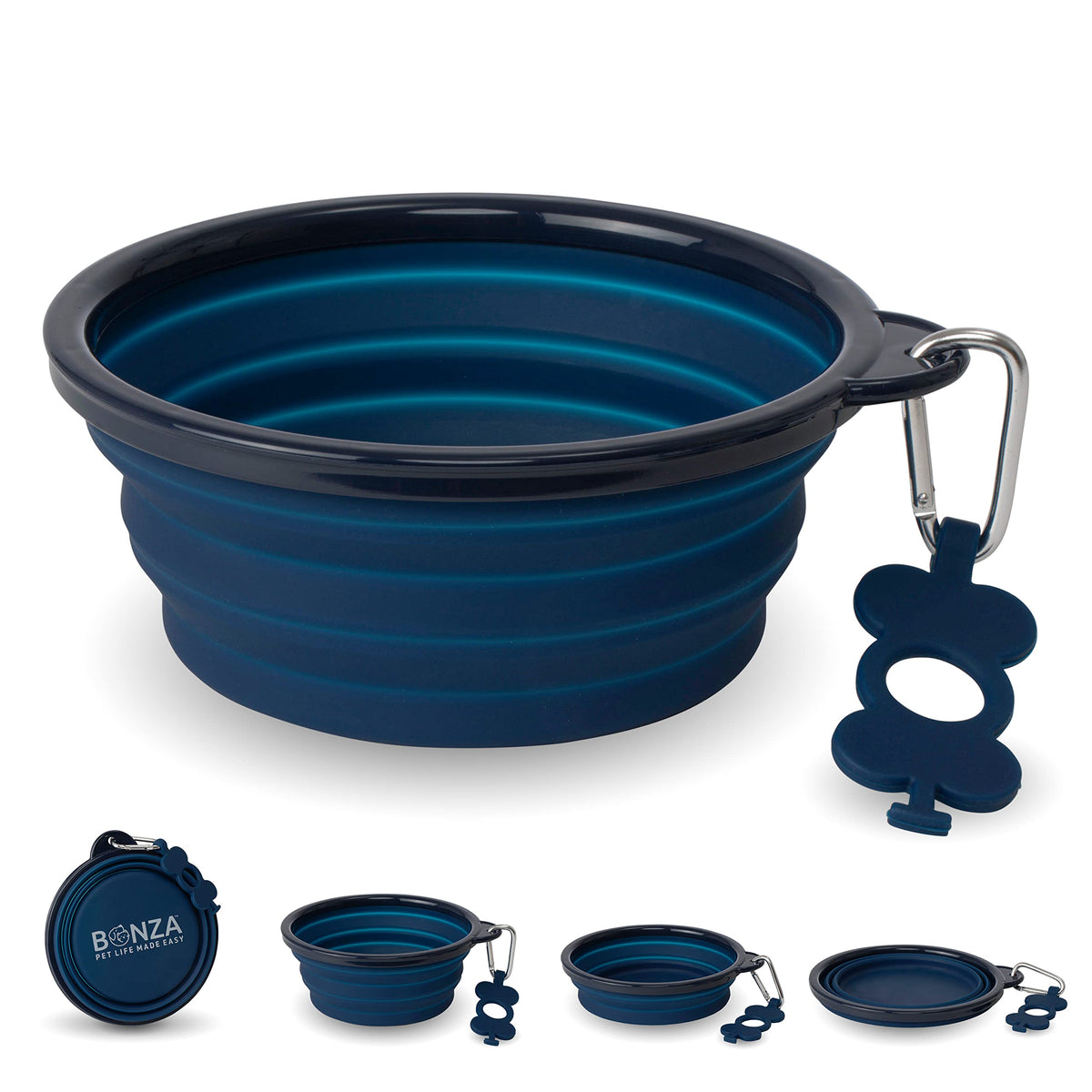 Bonza collapsible dog bowl navy blue closed for compact travel and storage