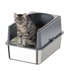 Booche high-sided stainless steel cat litter box side view showing roomy interior for comfortable use