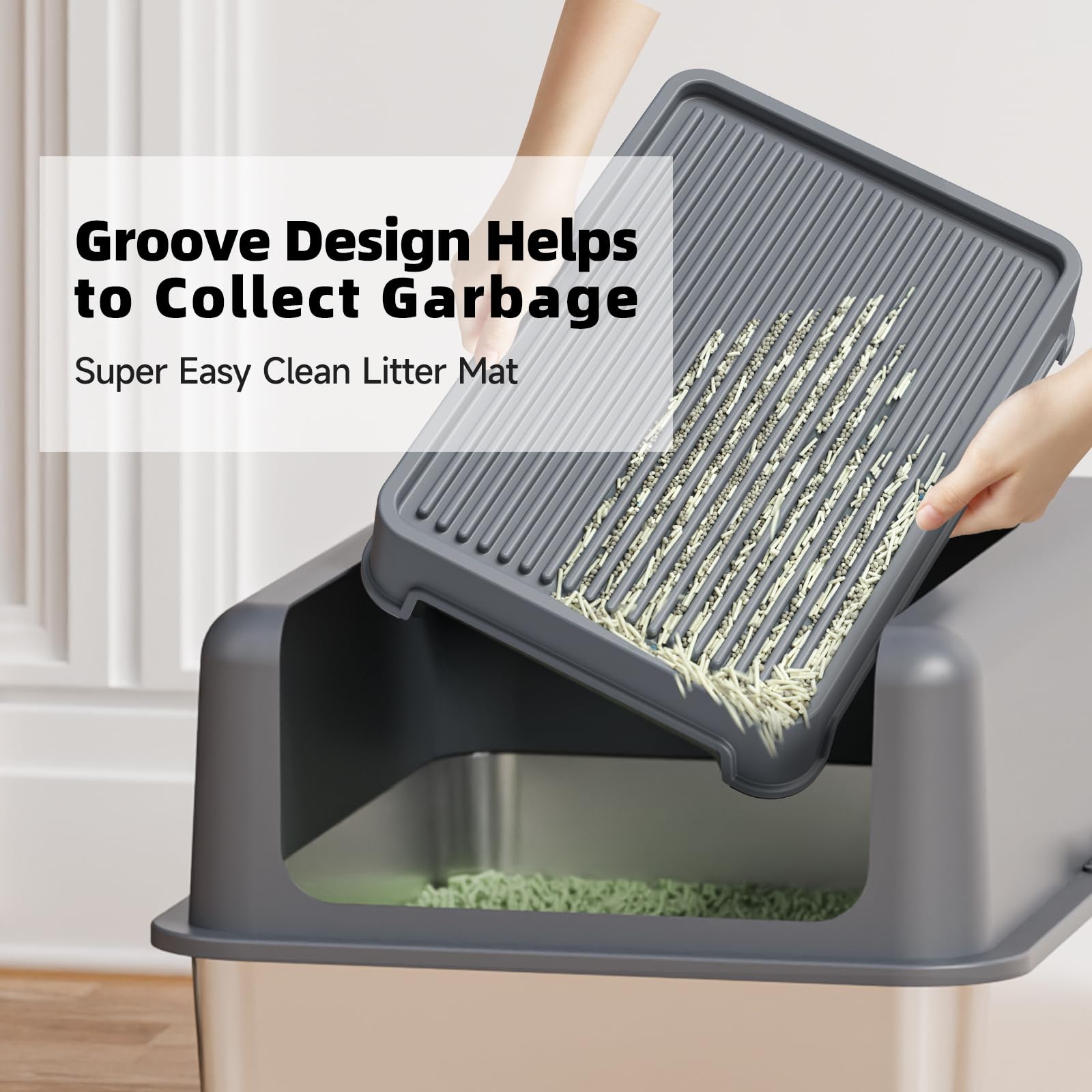 Booche litter mat filter-function steps illustrate litter and debris trapping.