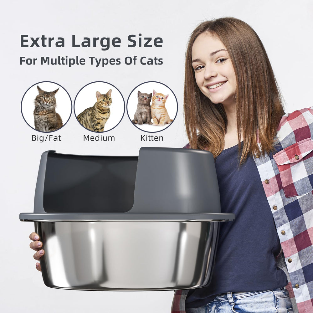 Booche round stainless steel litter box interior view highlights easy-to-clean surface.