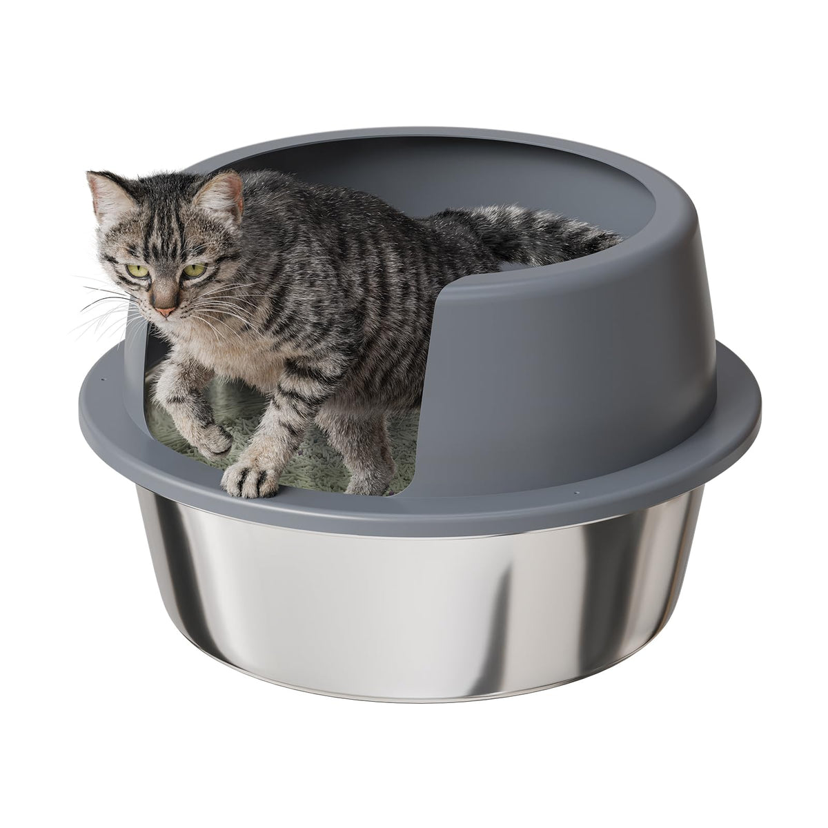 Booche round high-sided litter box with lid top view shows spacious interior.