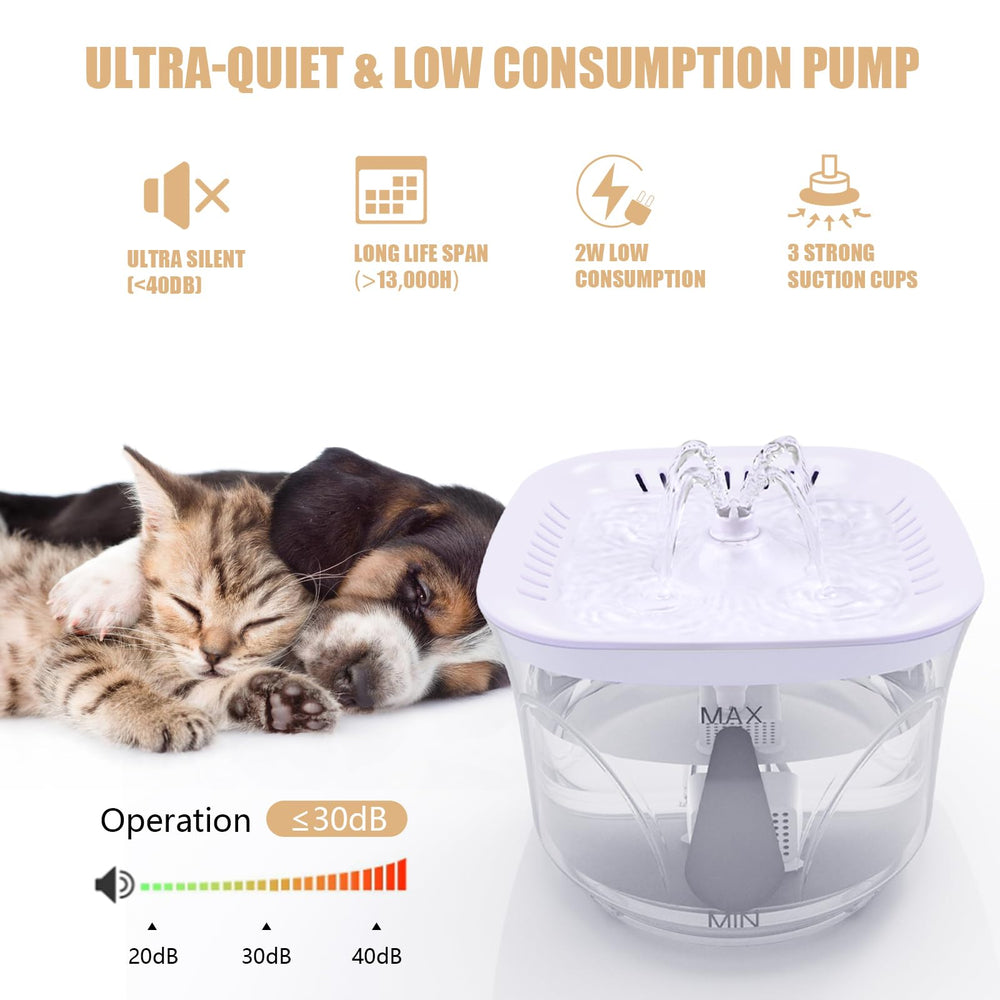 BOODIDI cat water fountain filter compartment image emphasizes 5-stage filtration for fresher-tasting water.