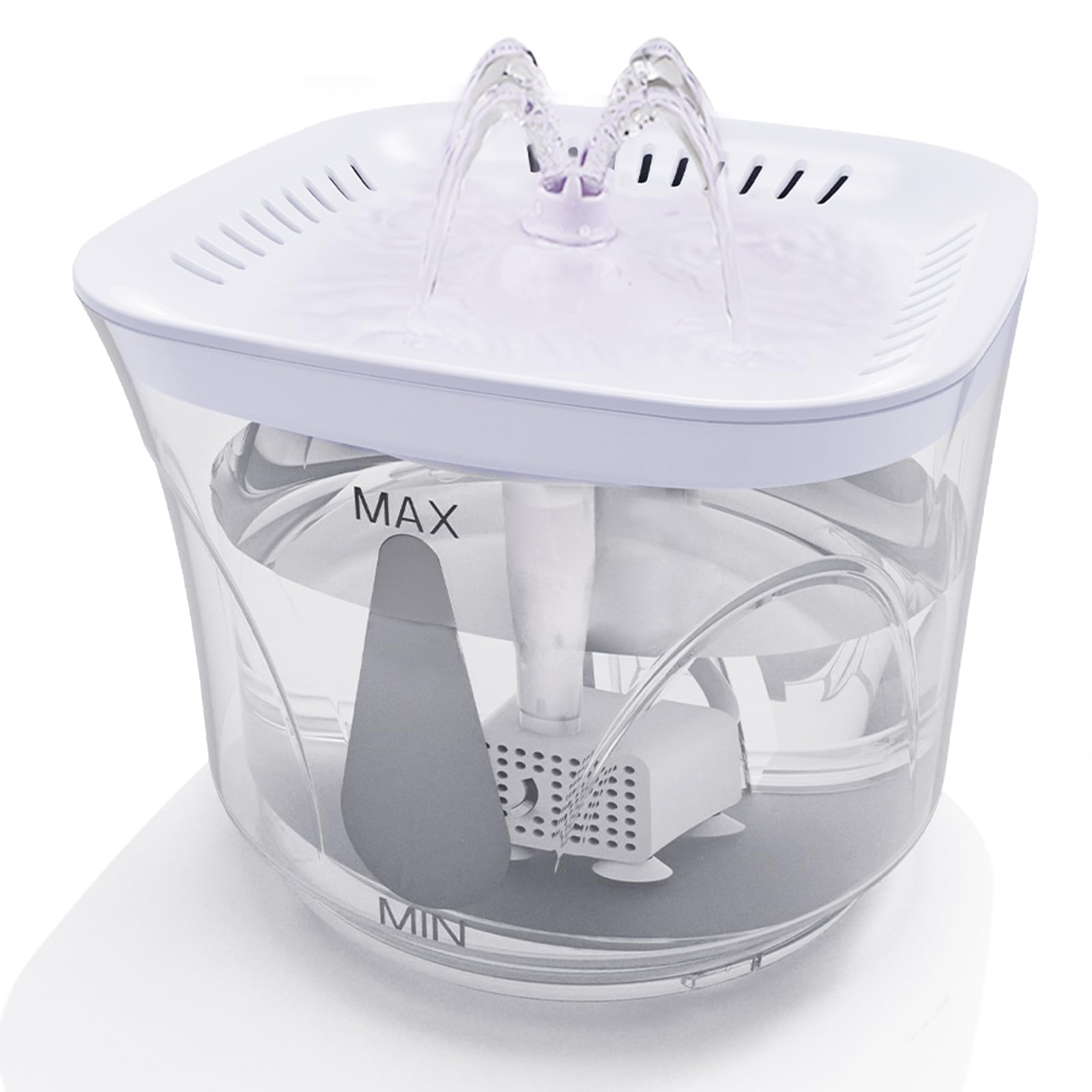 BOODIDI cat water fountain front view shows 2.4L capacity for steady pet hydration.