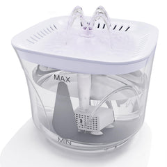 BOODIDI cat water fountain front view shows 2.4L capacity for steady pet hydration.