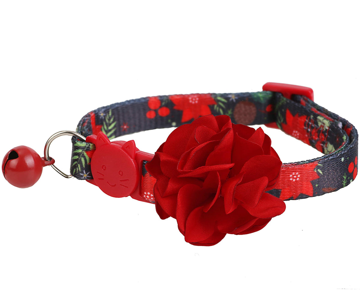 BoomBone Christmas cat collar with red flower and bell for festive wear.