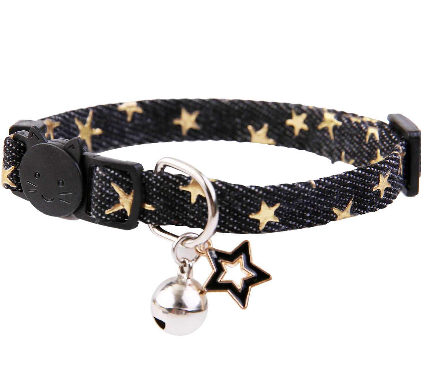 BoomBone Star Charm collar close-up on black fabric, emphasizing breakaway safety.