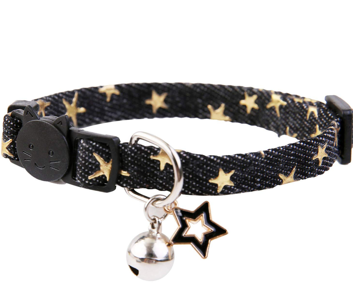 BoomBone Star Charm collar close-up on black fabric, emphasizing breakaway safety.