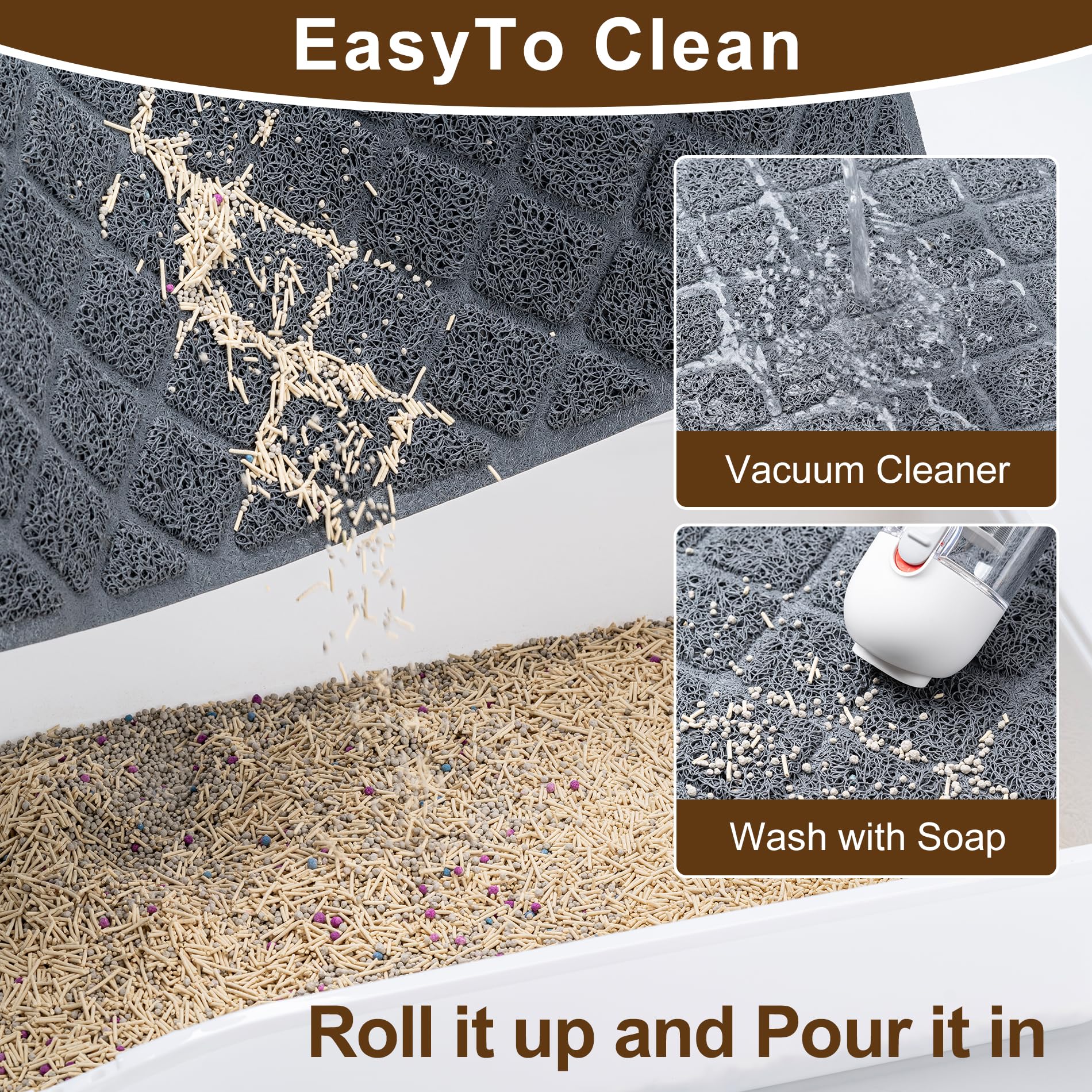 BOOMIBOO cat litter mat waterproof pad image confirms urine resistance for clean floors.