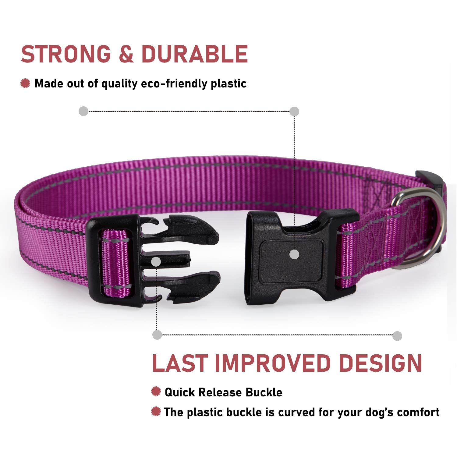 BOOMIBOO reflective dog collar action shot highlights nylon durability.