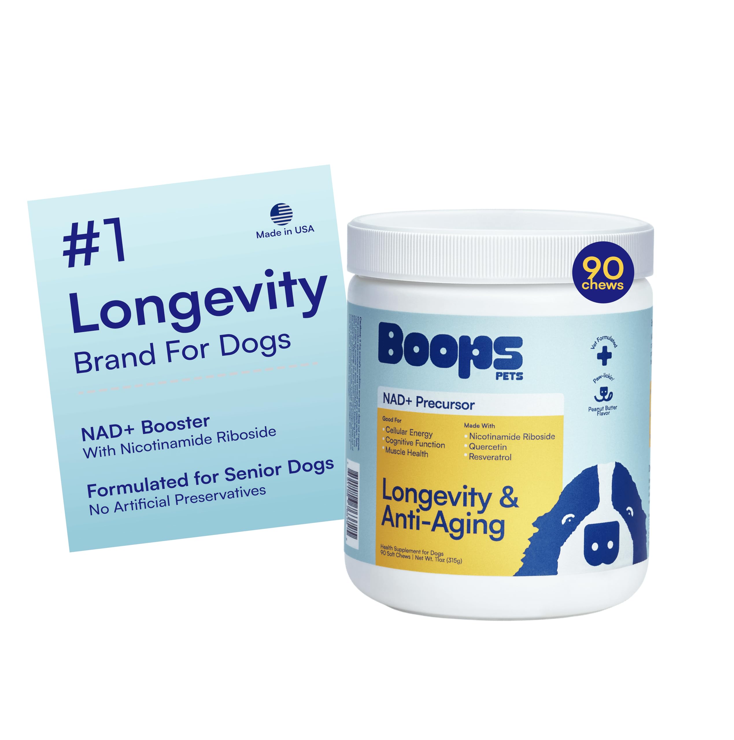 Boops Pets NAD+ precursor soft chews bottle supports senior dog energy and vitality.