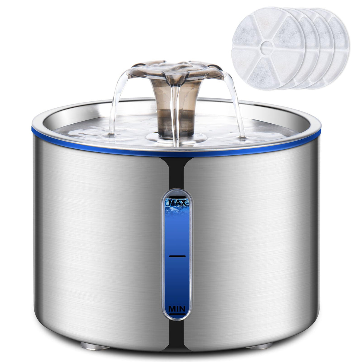 BOORCA cat fountain front view shows stainless steel surface for hygienic hydration