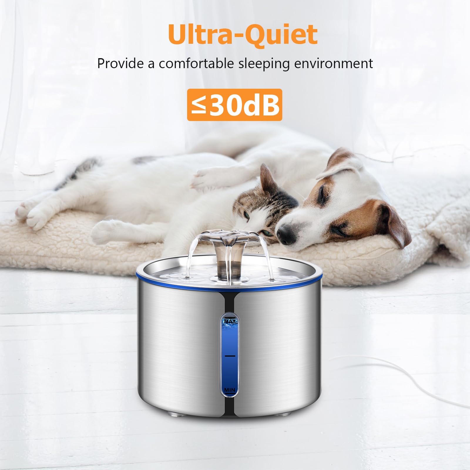 BOORCA cat fountain multi-filter system image emphasizes clean, odor-free water for pets
